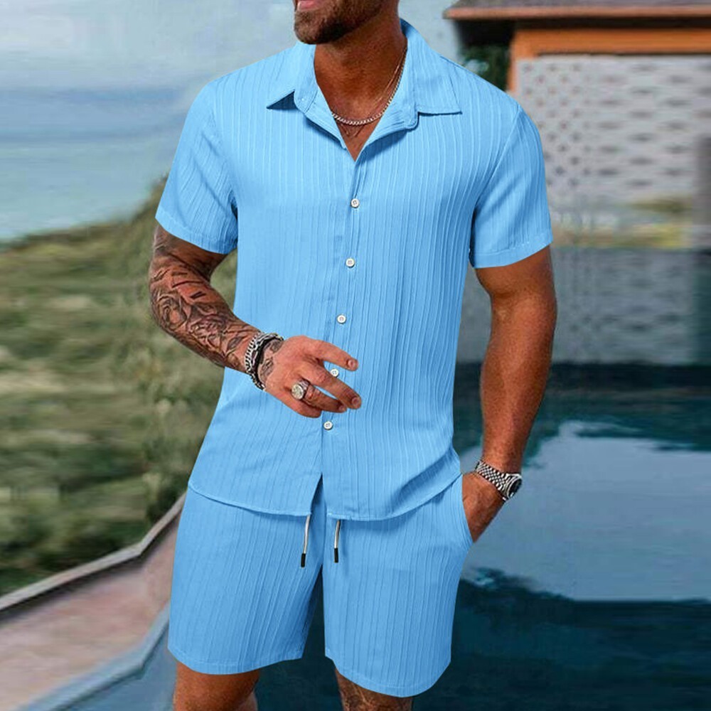 2026 Men 2 Set Short Sleeve Button Shirt Shorts Suit Tops+Shorts T Shirts Casual