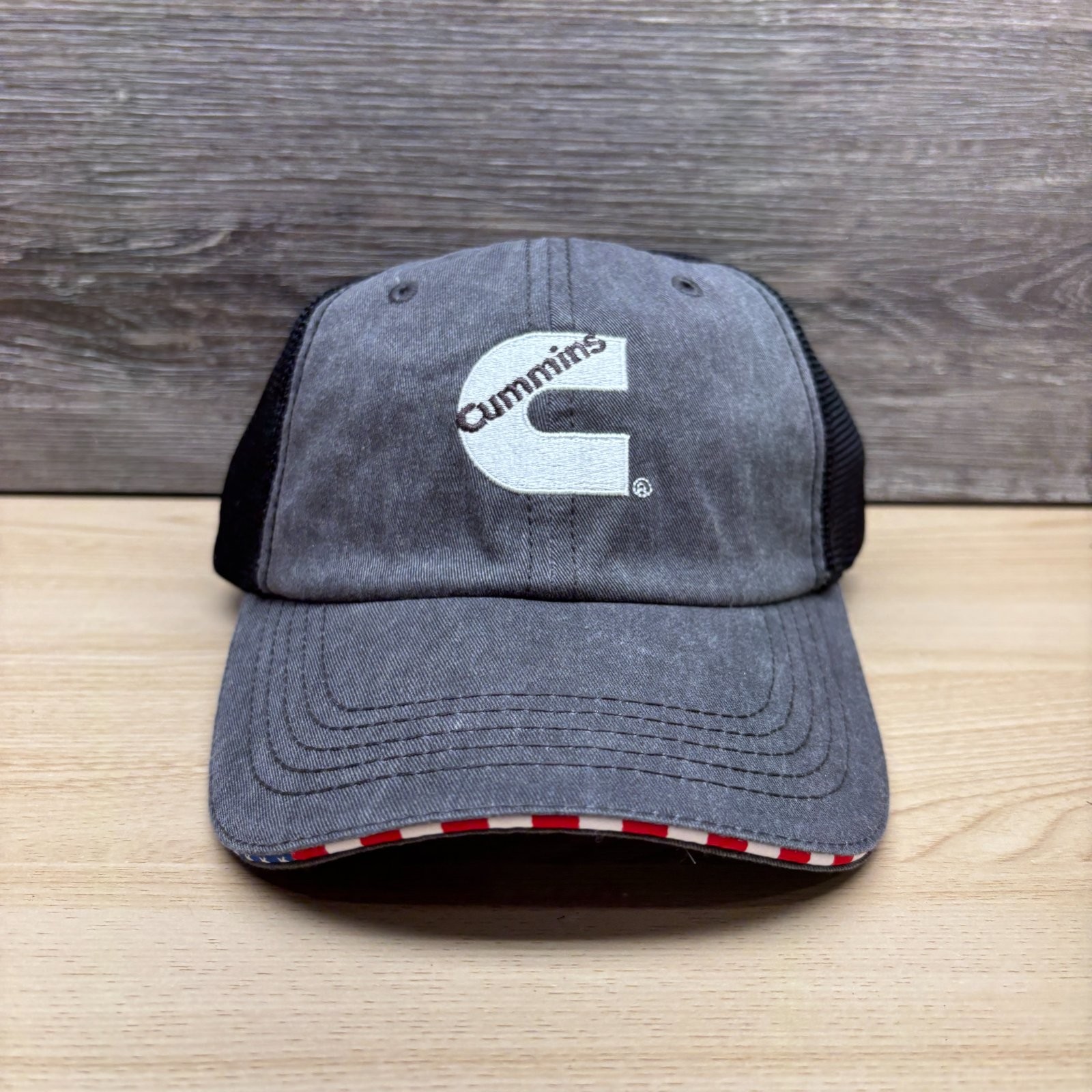 Cummins Hat Cap Strap Back Gray Black Diesel Engine Trucking USA Flag Brim Logo