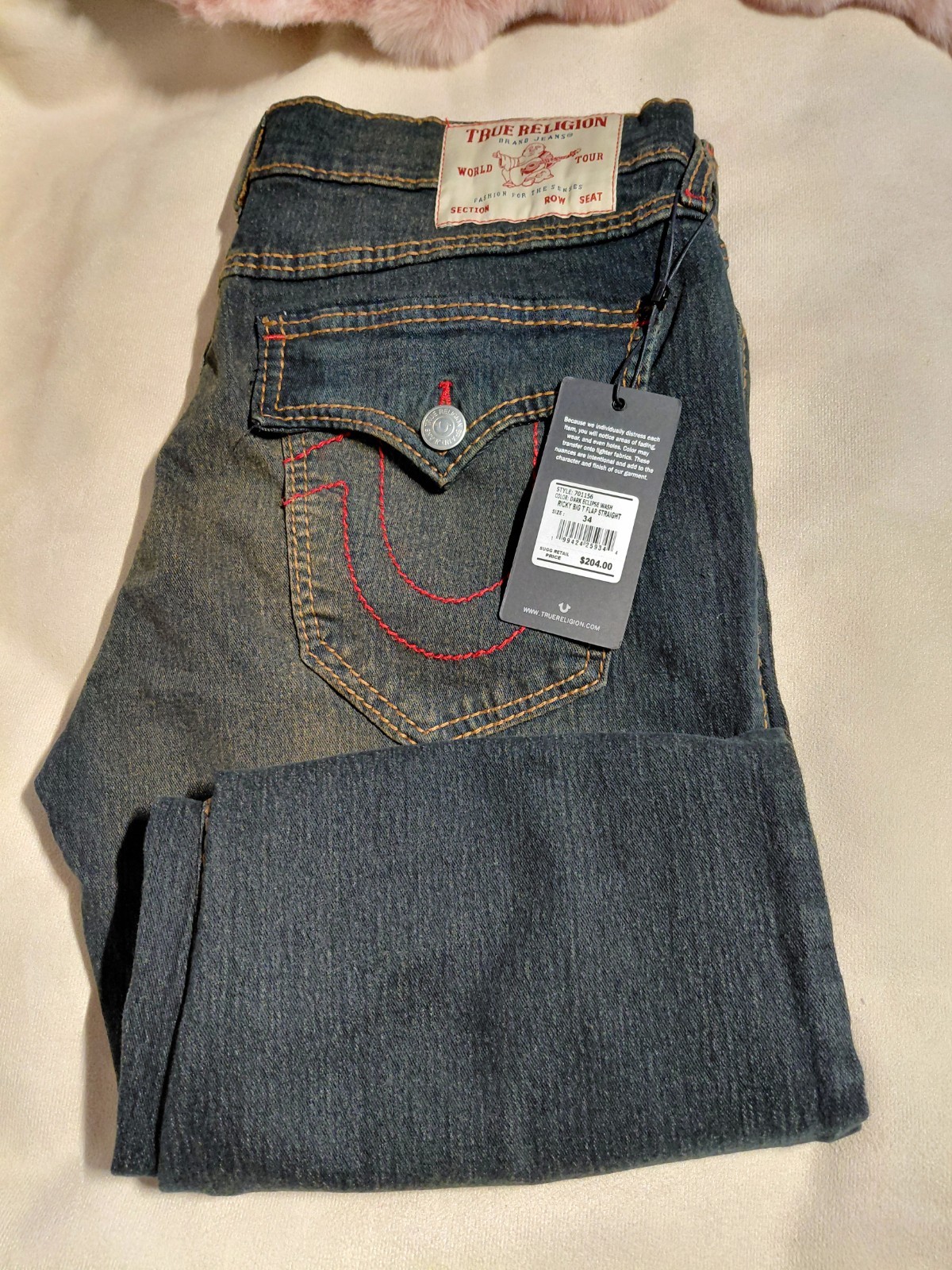 True Religion World Tour Dark Wash Straight Slim Fit Low Rise Denim Jeans NWT