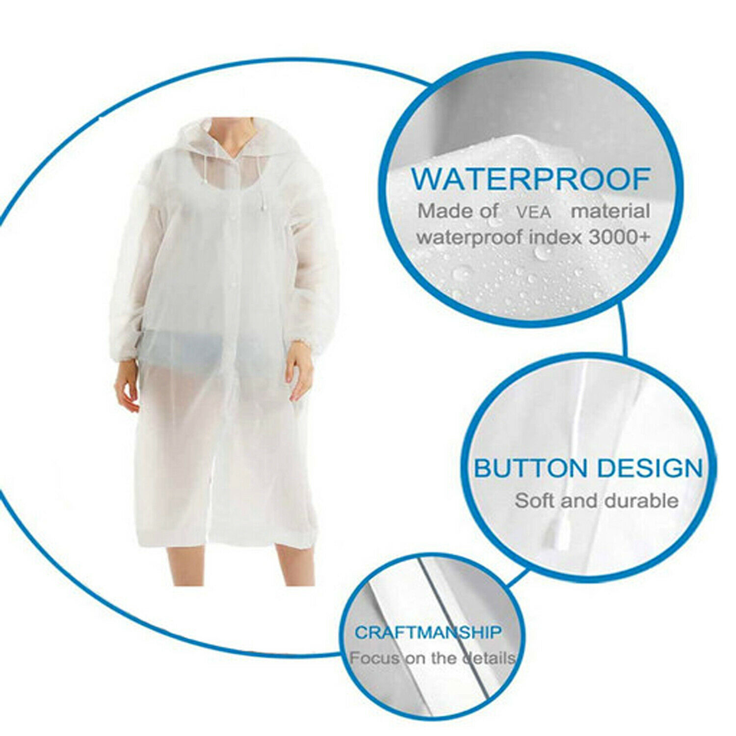 Unisex Adult Waterproof Raincoat Rain Coat Hooded Jacket Poncho Rainwear Camping