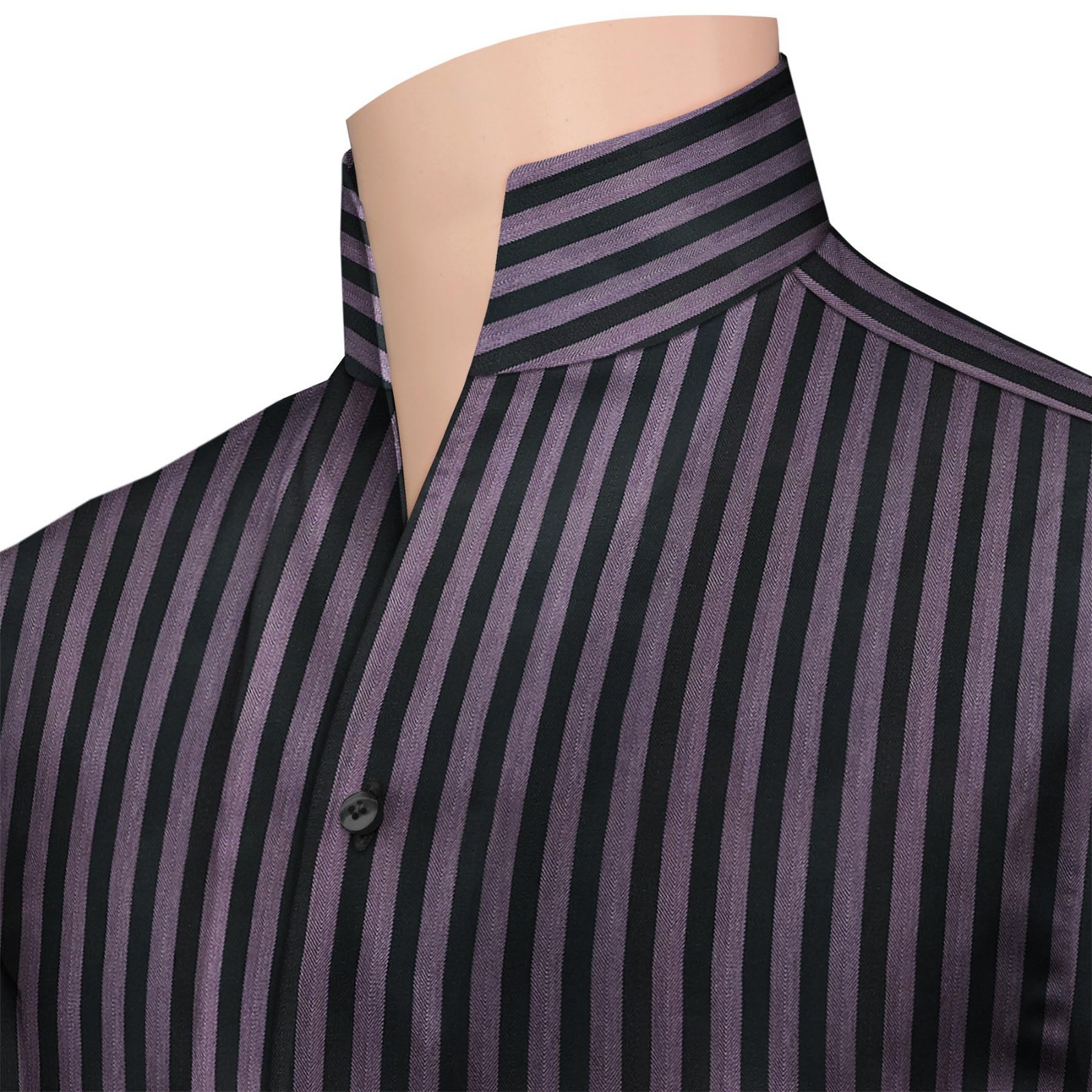 Mens Preppy Style High Open Stand Up One Piece Collar Black Purple Stripes Shirt