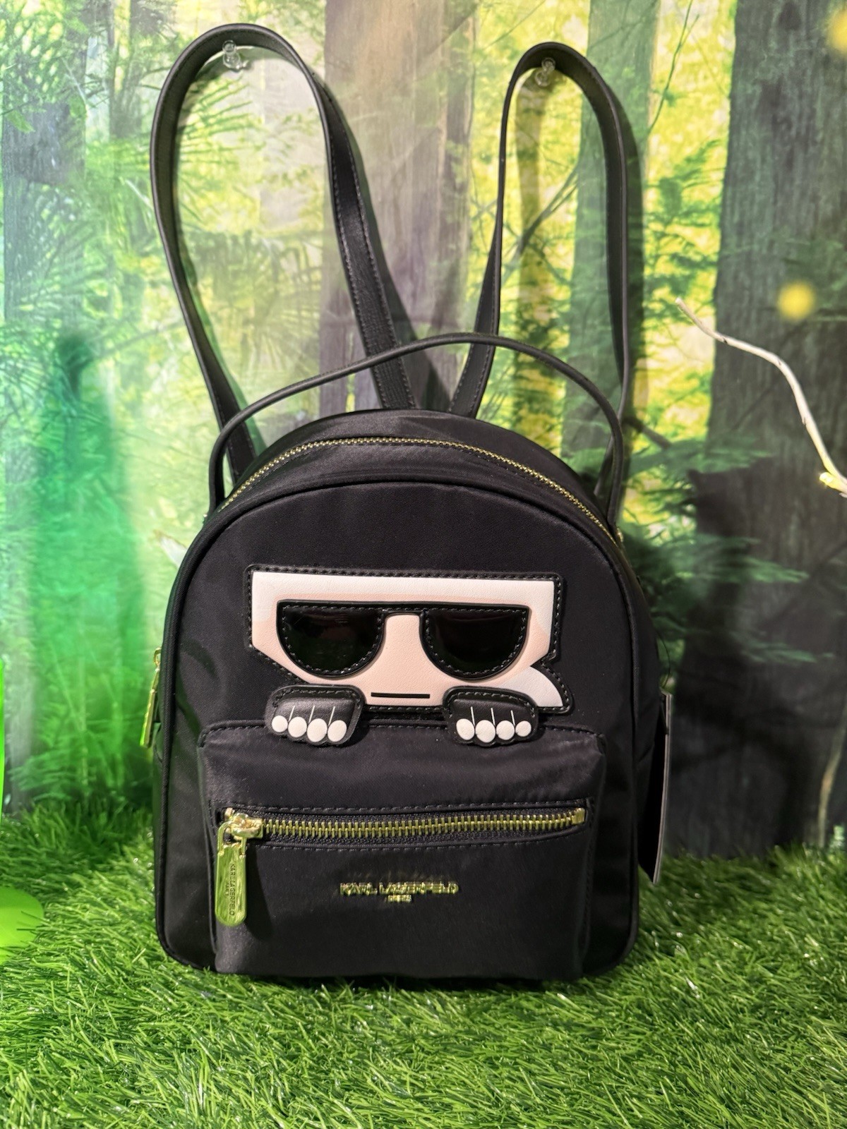Karl Lagerfeld Paris Karl Face Mini Backpack NWT Black Nylon Gold Tone MARP $198