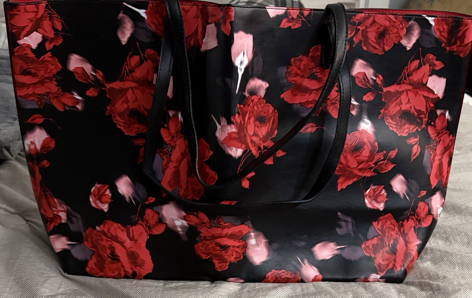 Victoria’s Secret Floral Tote Bag Black/Red, Red Lining, Double Handles, Logo