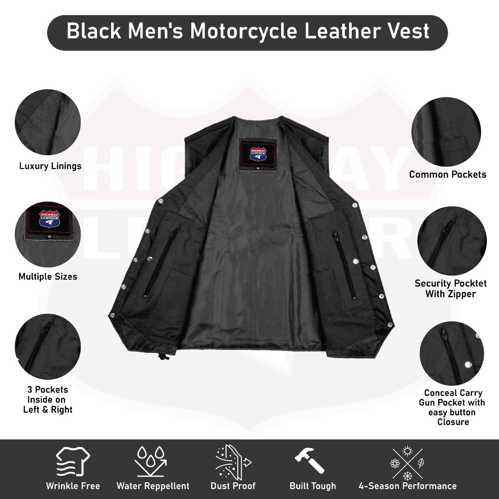 Mens Genuine Leather 10 Pockets Motorcycle Biker Vest ANARCHY Black SOA #3540BLK