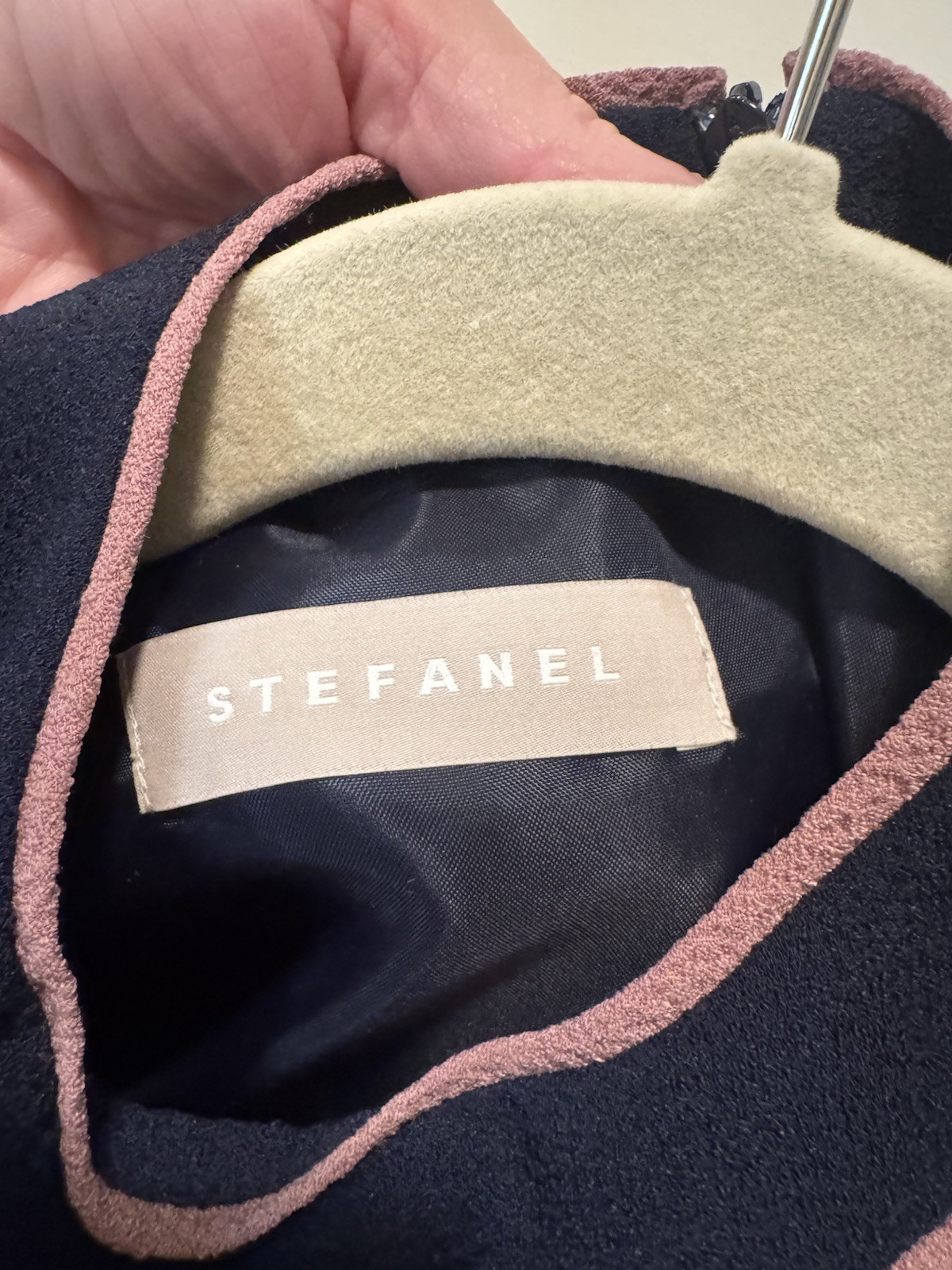 Stefanel Navy w/ Pink Trim Shift Dress Mock Neck Sleeveless Zip, Size 6