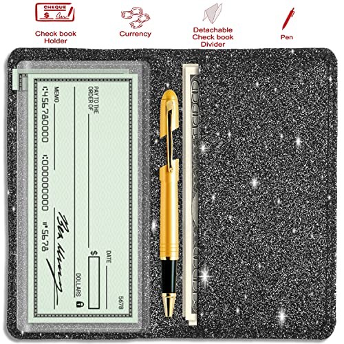 Sanlykate Glitter Checkbook Cover for Girl Women, RFID Blocking PU Leather Stand