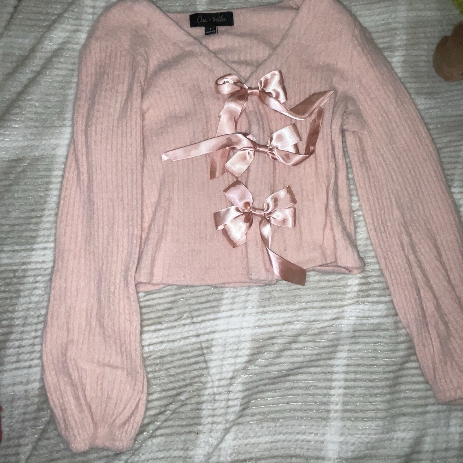 Pink Knit Shrug Sweater V-Neck Long Sleeve Bow Accent Solid Women’s S