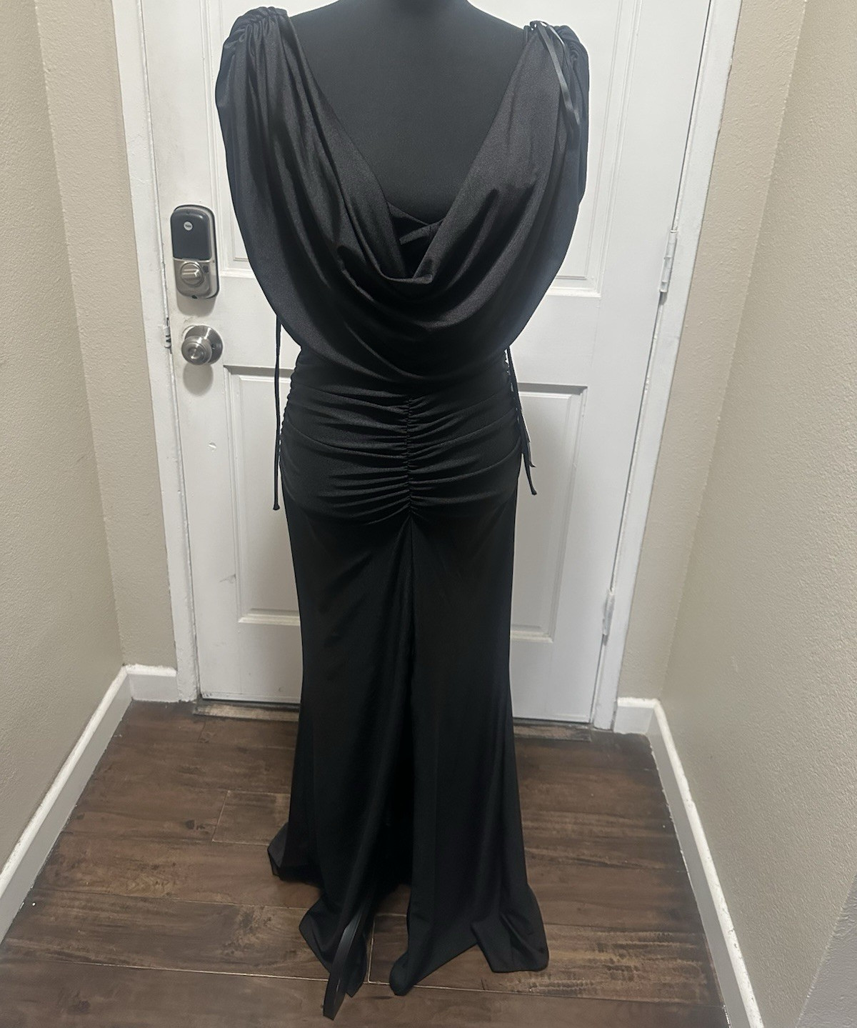 Alex & Sophia Black Solid Cowl Neck Ruched Draped Zip Maxi Dress Formal 5/6
