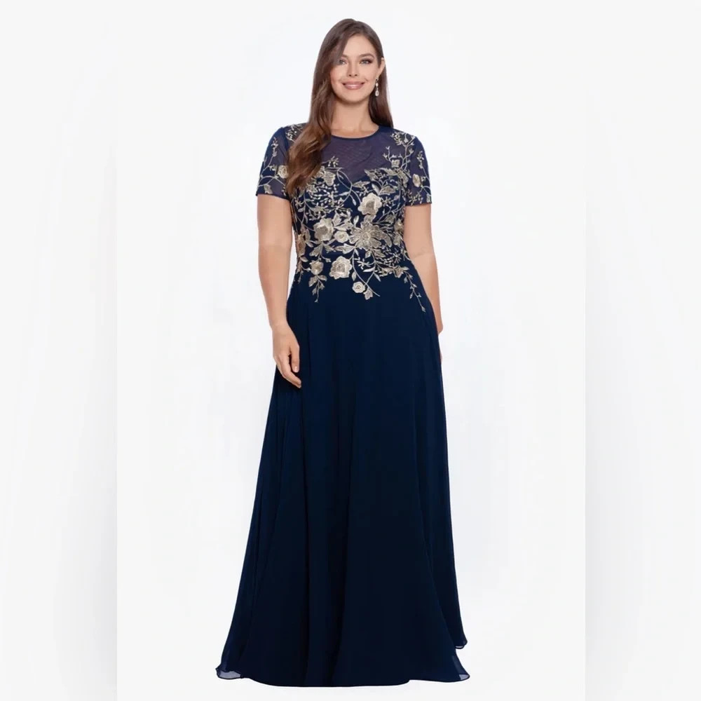 Betsy & Adam Navy Blue Gold Embellished Bodice Chiffon Gown Dress Size 20W $289
