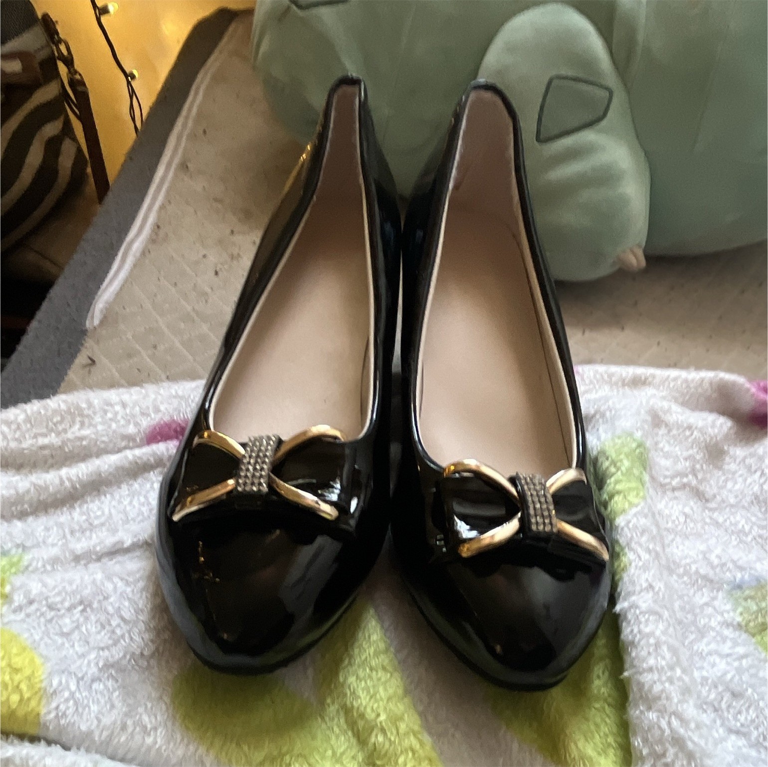 Women’s Black Leather Slip-On Block Heel Round Toe Pumps Bow EU 42 W