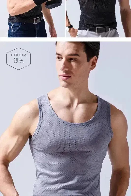 Men’s Ice Silk Mesh Tank Tops Gym Stringer Transparent Bodybuilding