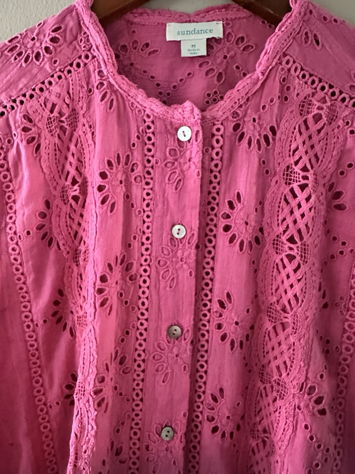 Sundance Pink Cotton Ruffle Embroidered Blouse Size M Boho Victorian Cottagecore