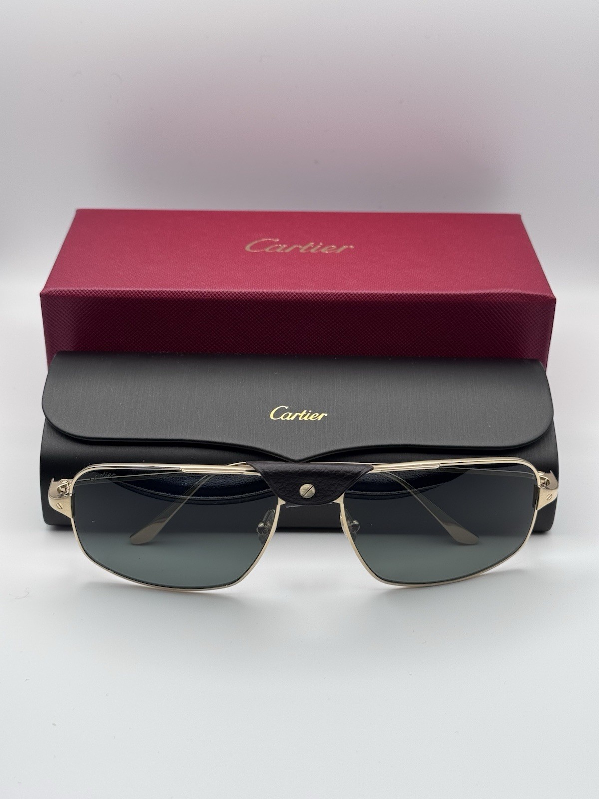 Cartier Santos CT0193S 002 Rectangle Sunglasses Gold/Green Polarized 60mm