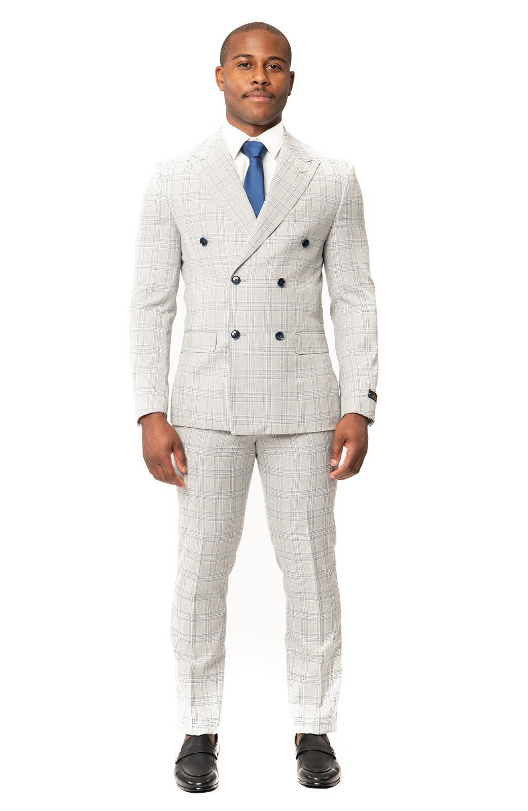 Slim Fit Double Breasted Plaid Chalk Grey 2 Button Peak Lapel Men Suit AZAR MAN