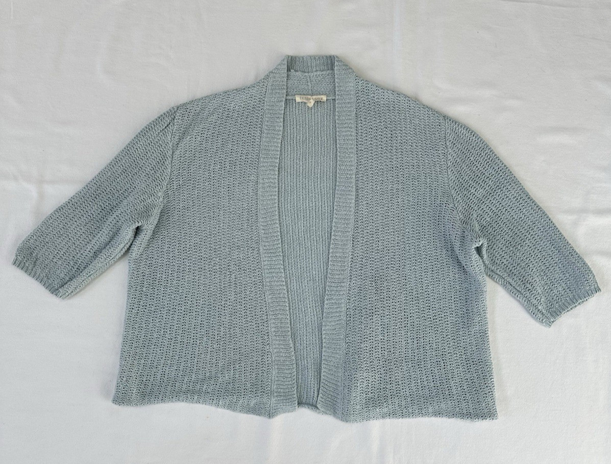 Eileen Fisher Open Knit Silk Linen Cropped Cardigan Shrug Sweater Light Blue M