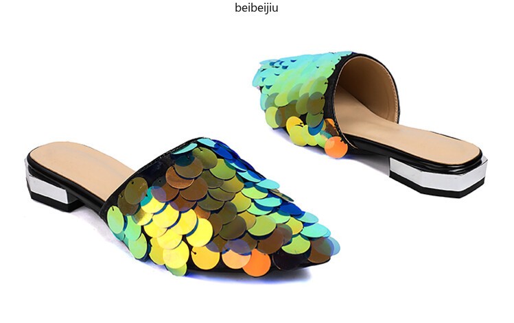 Glitter Sequins Women’s Flat Slipper Pointed Toe Mules Sandals Casual 46/47/48