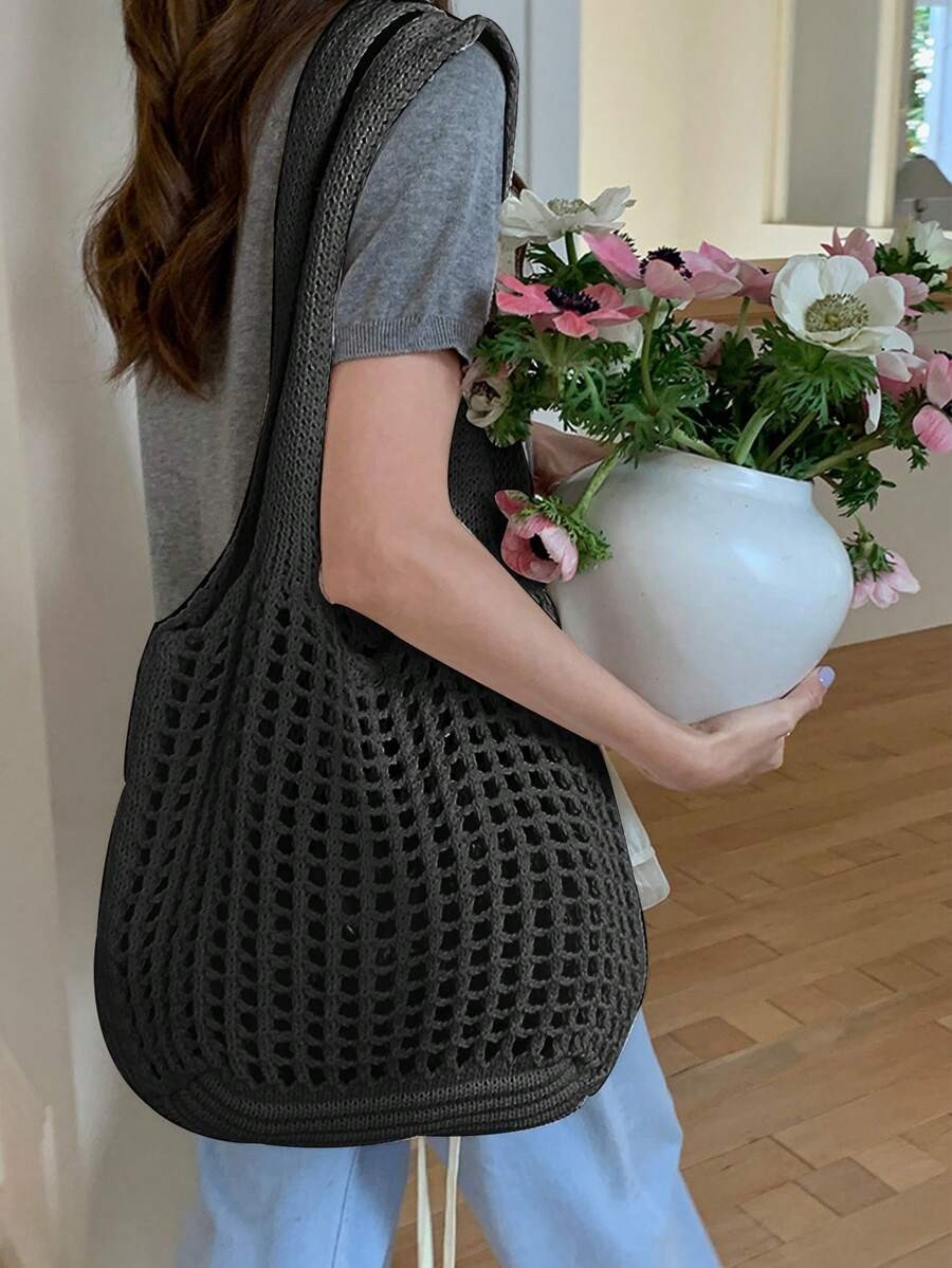 Crochet Woven Shopping Bag Hollow Out Beach Vacation Tote Foldable Mesh Bag