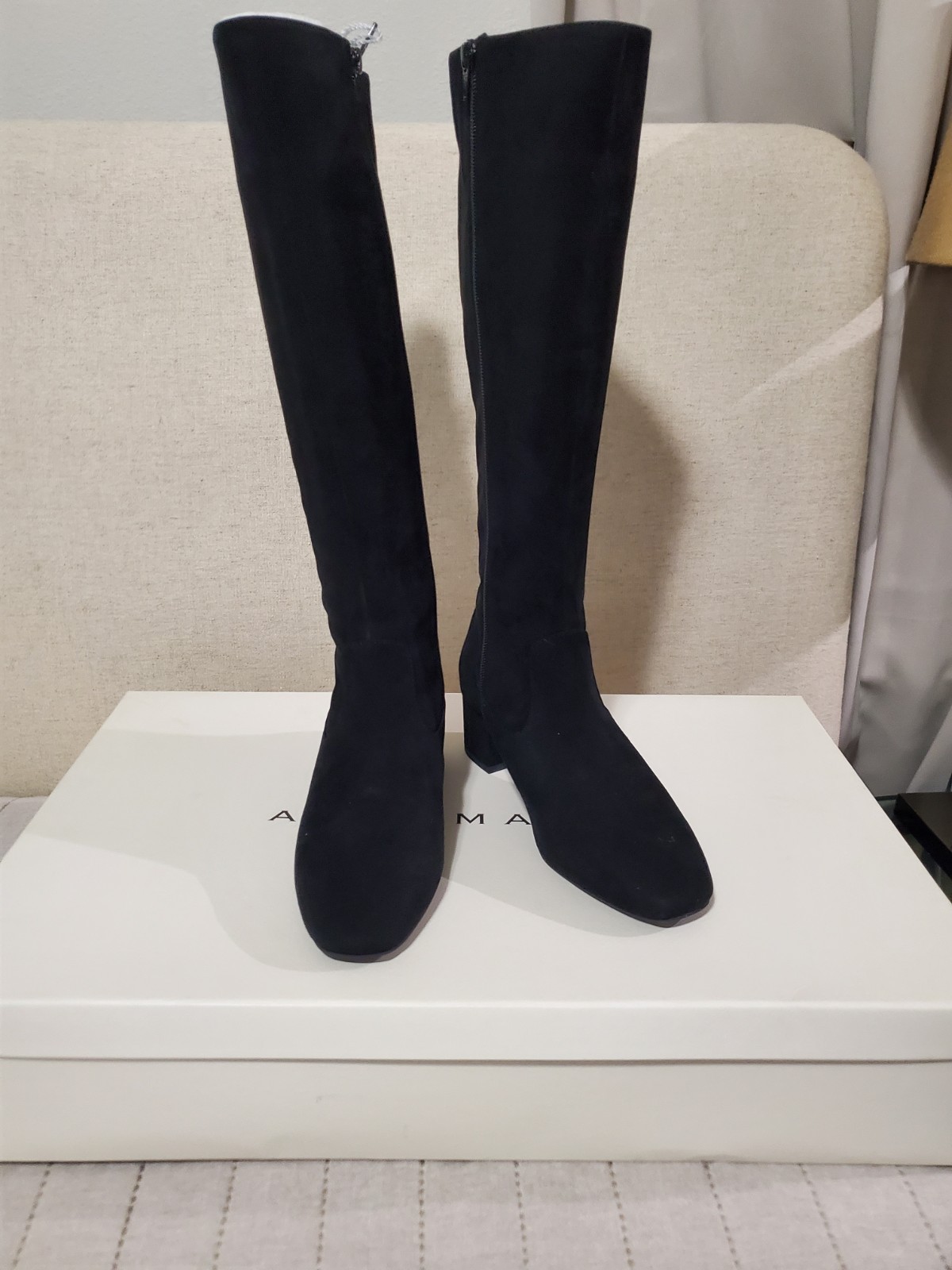 Alex Marie Prizelle Black Knee High Zip Riding Boot Faux Suede Almond Toe 8M