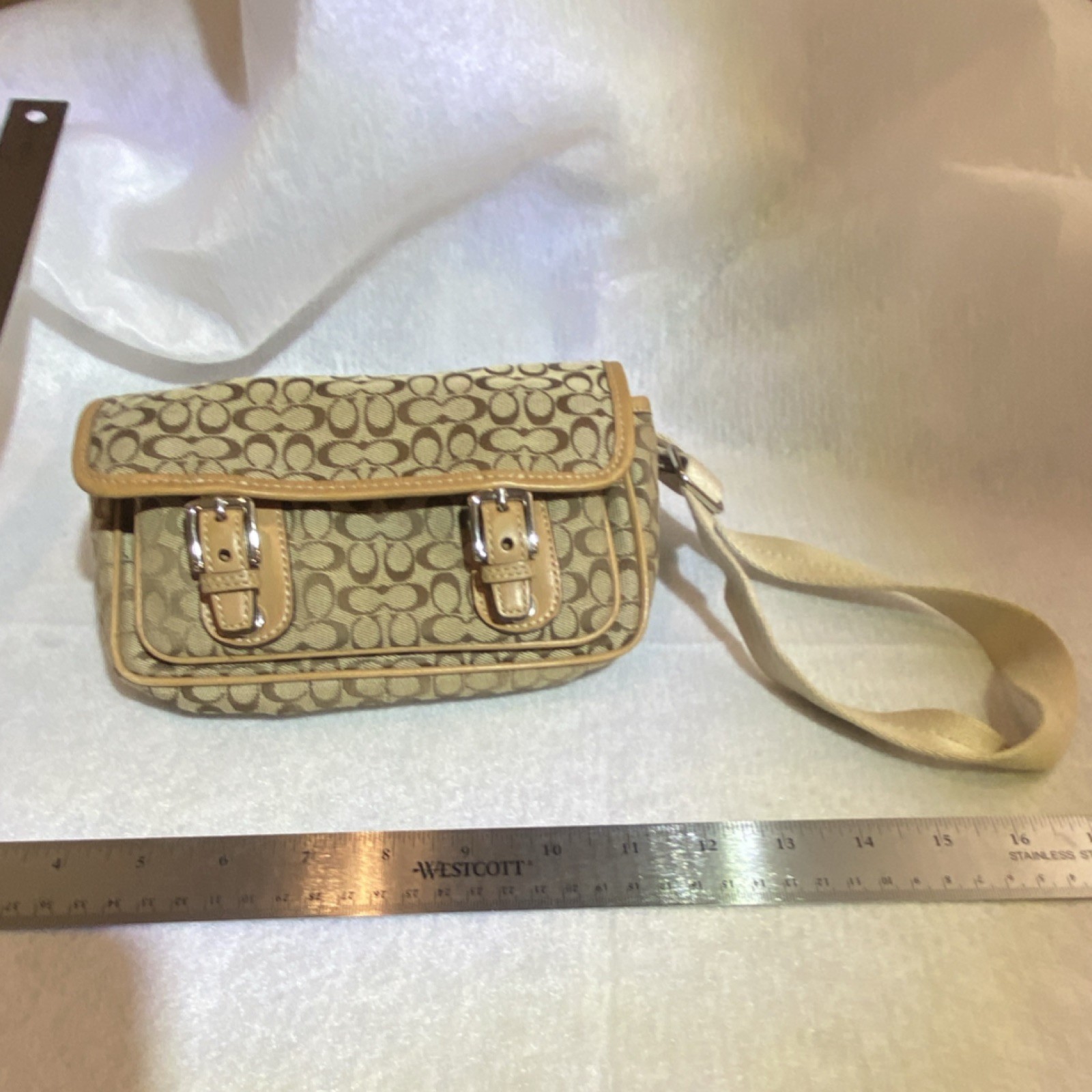Coach Logo Pattern Fanny Pac Buckle Accent Beige Brown Designer Classic