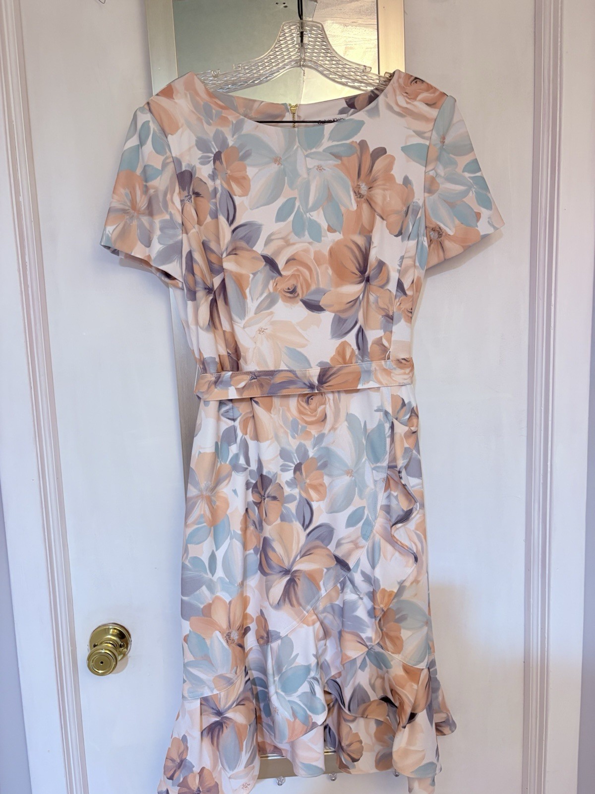 Calvin Klein Women’s Floral Fit & Flare Knee Dress Size 14 Short Sleeve Belted