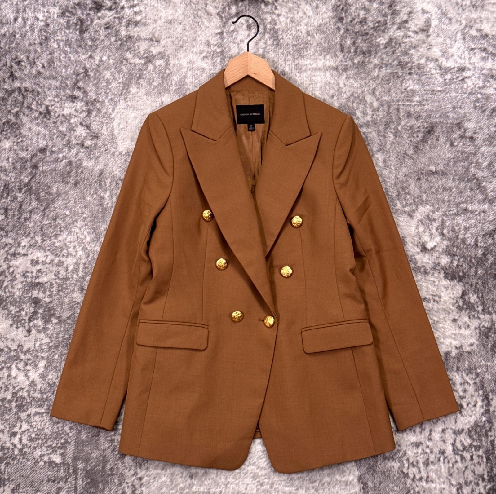 Banana Republic Captains Blazer 8 Womens Camel Wool Gold Button Double Breasted