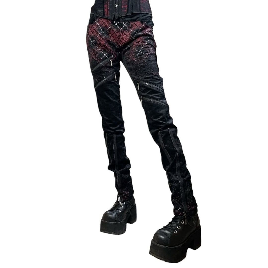 Punk Rave Pretty Skinny Velvet Goth Pants Womens L Red Plaid Tartan Zippers