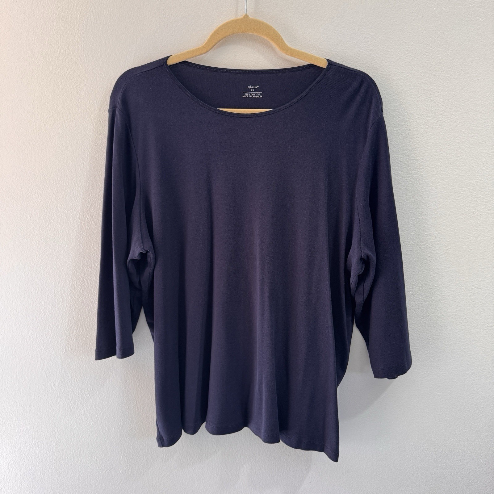 CJ Banks T-shirt Blouse 2X 100% Cotton Navy Blue 3/4 Sleeves Nautical Boat Neck