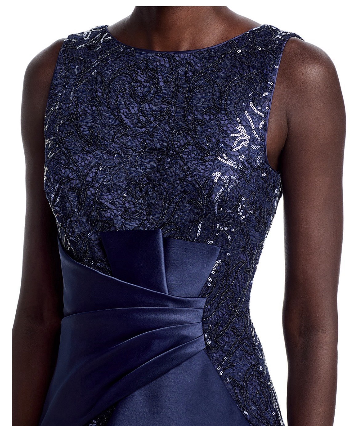 Eliza J Women’s Size 4 Navy Long Sleeveless Round Neck Lace Floral Ruffle