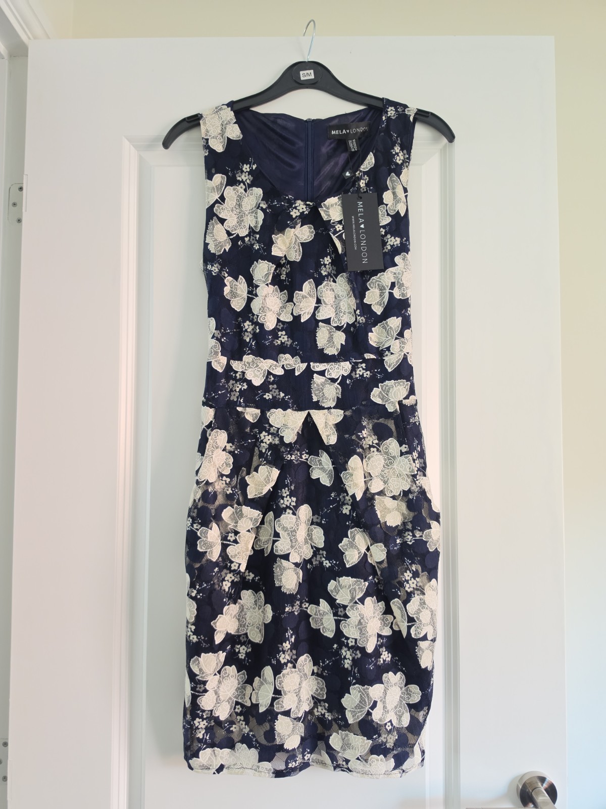 Mela Loves London Uk10 Navy White Floral Tie Back Sleeveless Dress With Pockets.