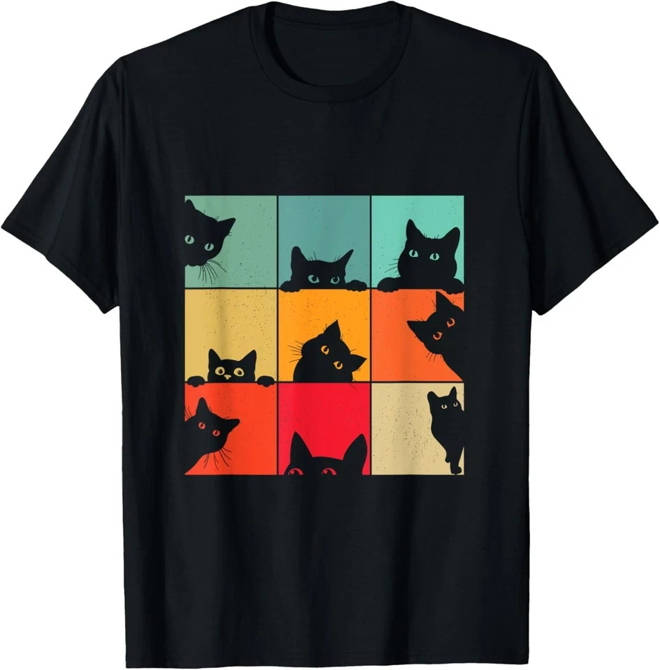Vintage Black Cat T-Shirt Cute Cat Lover Graphic Tee Unisex Gift S-5XL