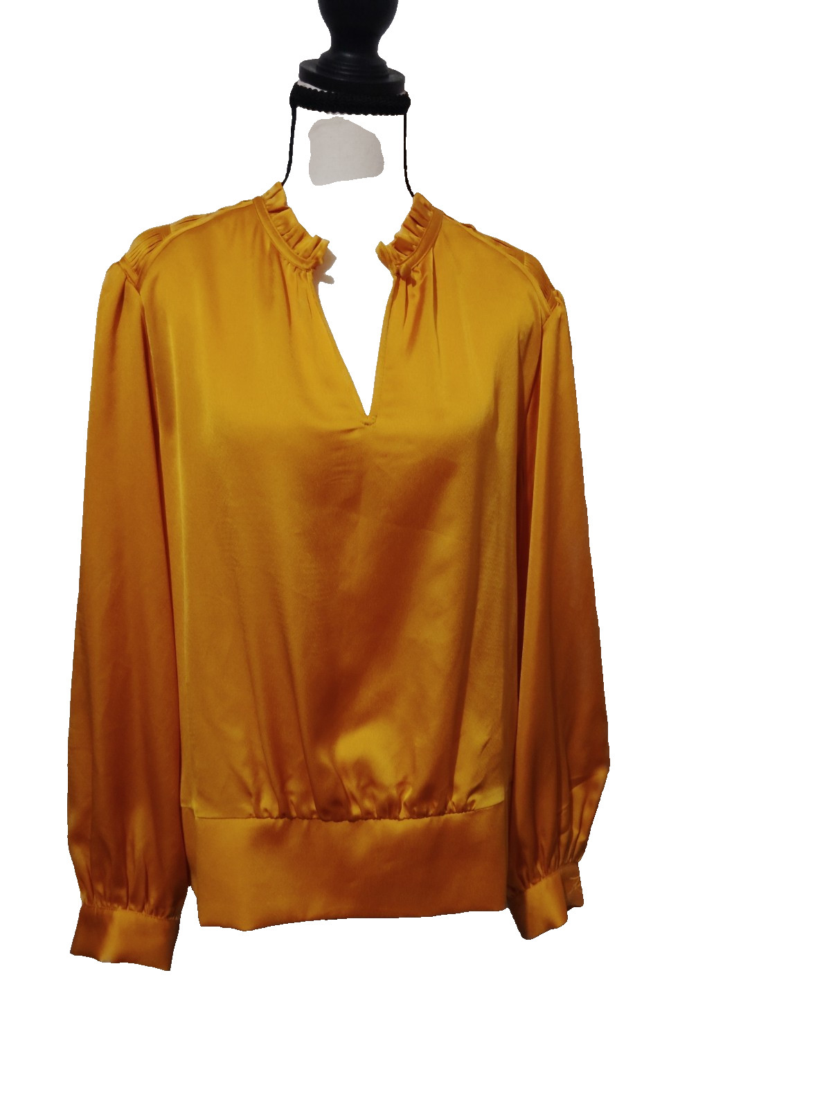 Karl Lagerfeld Paris Women’s Large Gold Satin Blouse Ruffle Neck Long Sleeve