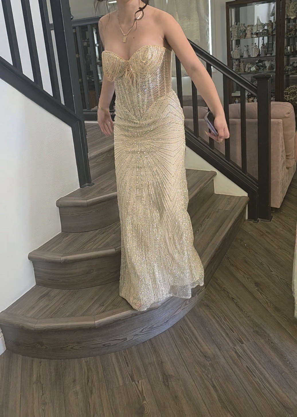 2026 Women’s Gold Strapless Sweetheart Beaded Sequin Corset Lace-Up Long Gown
