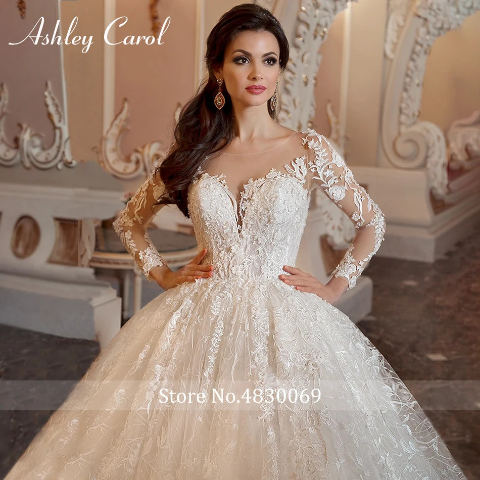 Ivory Lace Ball Gown Wedding Dresses Long Sheer Sleeves Bridal Gown With Train