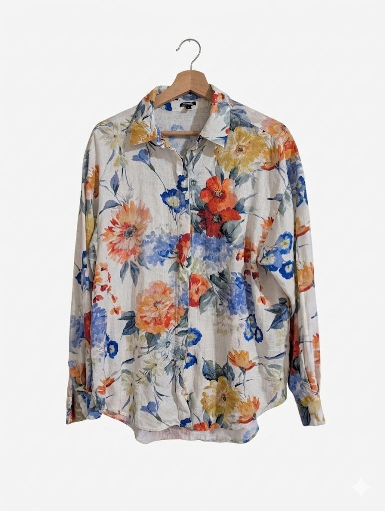 Express Boyfriend Portofino Floral Linen-Blend Button-Down Shirt Size S