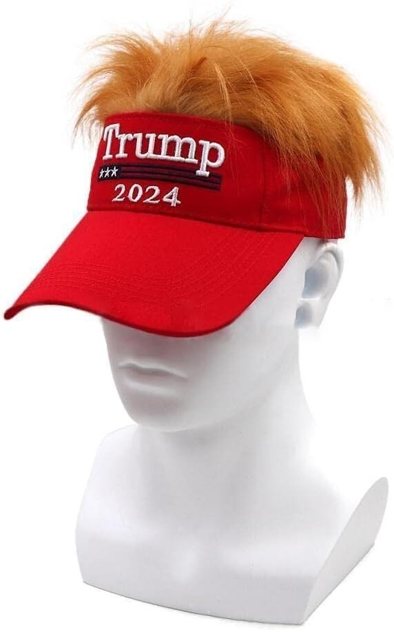 ON SALE!! 2024 President Donald TRUMP Red Trumpy Visor Hat w/Gold Hair Golf Cap