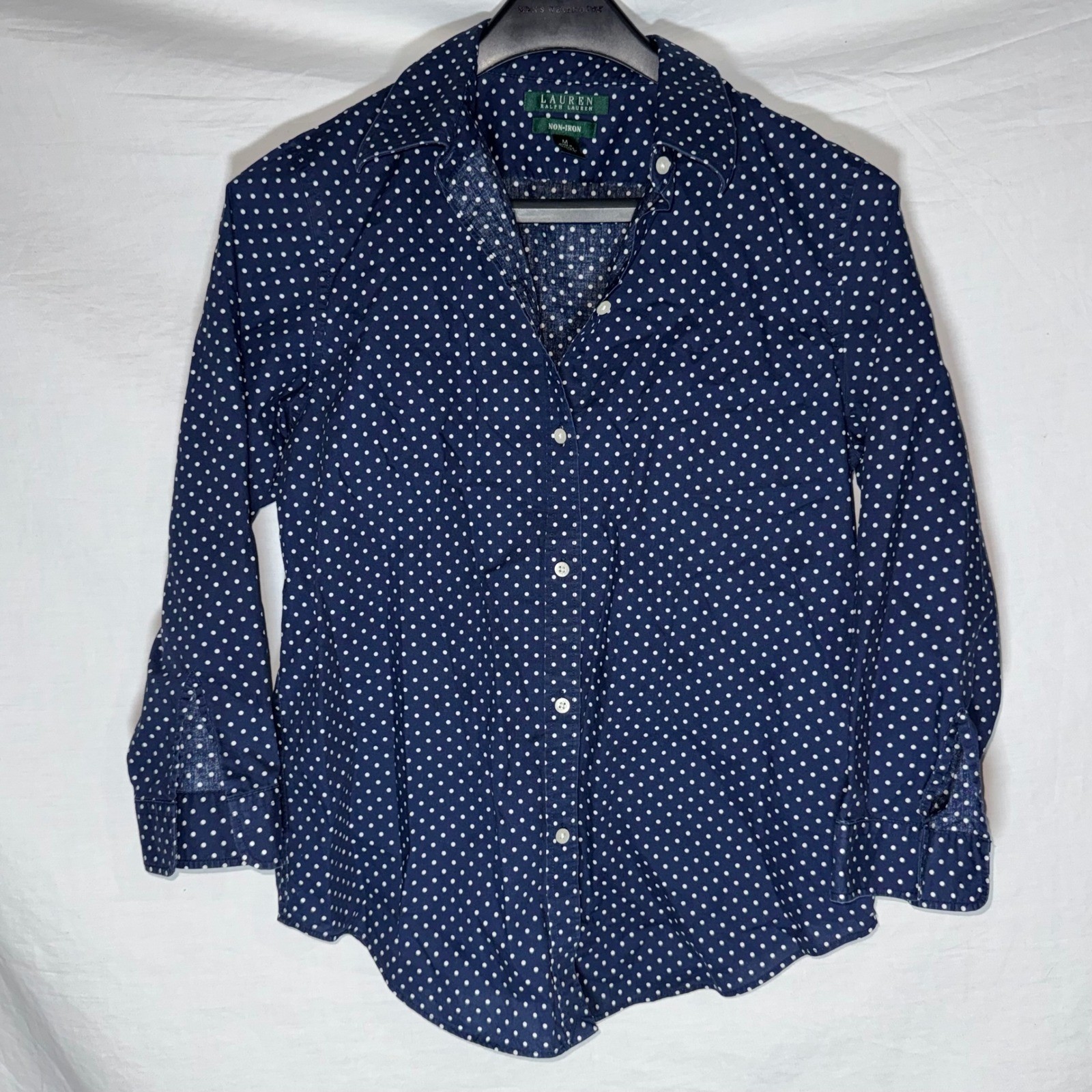 Lauren Ralph Lauren Navy Blue Polka Dot Button Down Shirt M Non-Iron Cotton