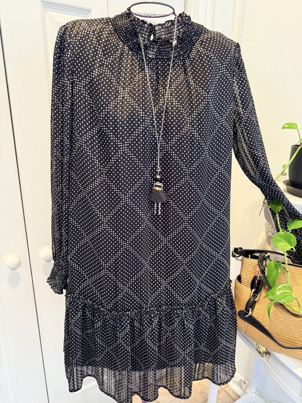 J.CREW Women’s Black White Polka Dot Chiffon Shift Dress S Long Sleeve Lined