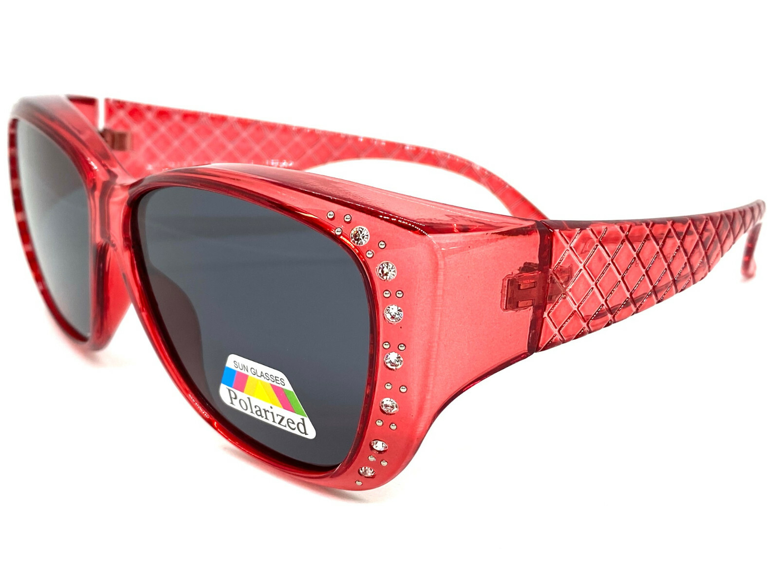 New BLING WRAP AROUND DRIVING POLARIZED SUN GLASSES Red Frame Over RX Glass Fit