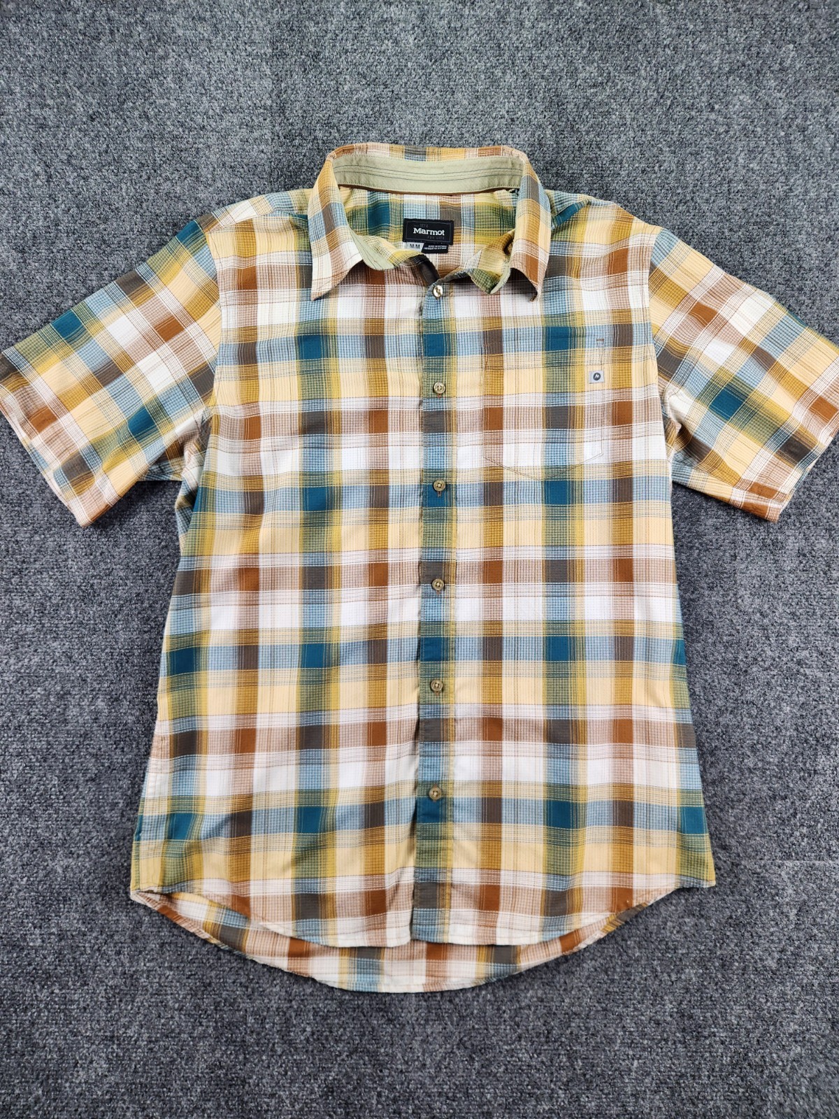 Marmot Mens Medium Plaid Short Sleeve Button Up Hiking Travel Outdoor Shirt