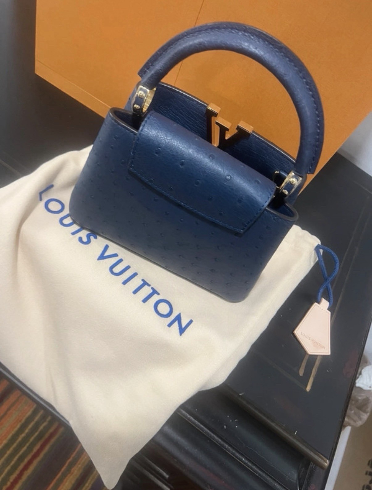 Iv Blue Top Handle Bag Logo Accents Clasp Gold HW Dust Bag