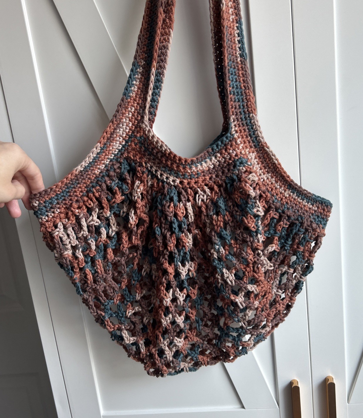 Crochet Cotton Market Bag, Brown Blue Tan, Beach Bag, Eco-Friendly Mesh Bag
