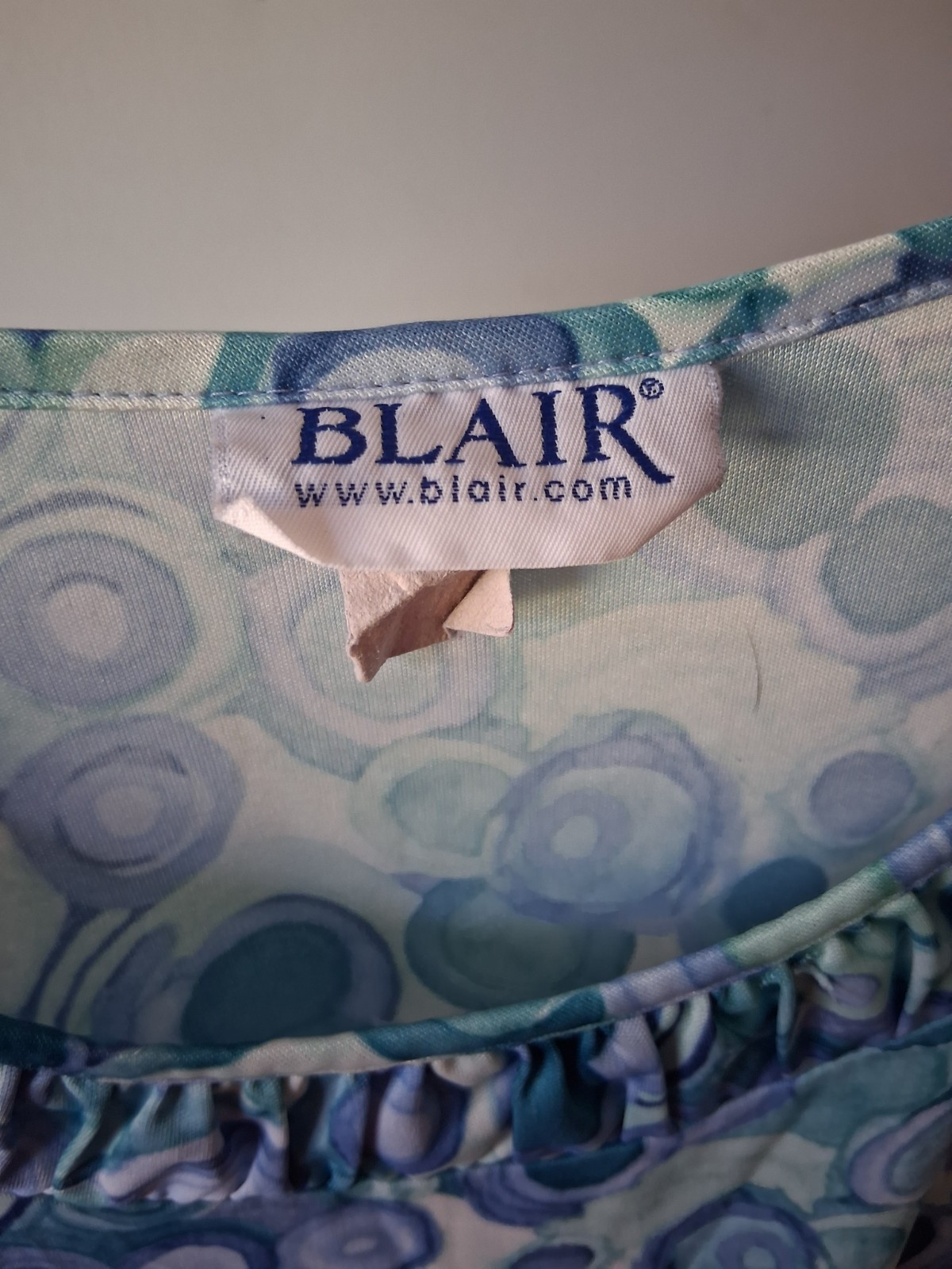 Blair Women’s Plus 2X Blue/Green/White Geometric Scoop Neck Ruffle Blouse