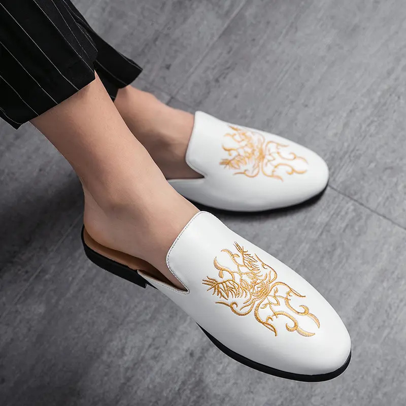 Embroidered Mules Men Round Toe Slip on Faux Leather Fashion Casual Shoes Ethnic