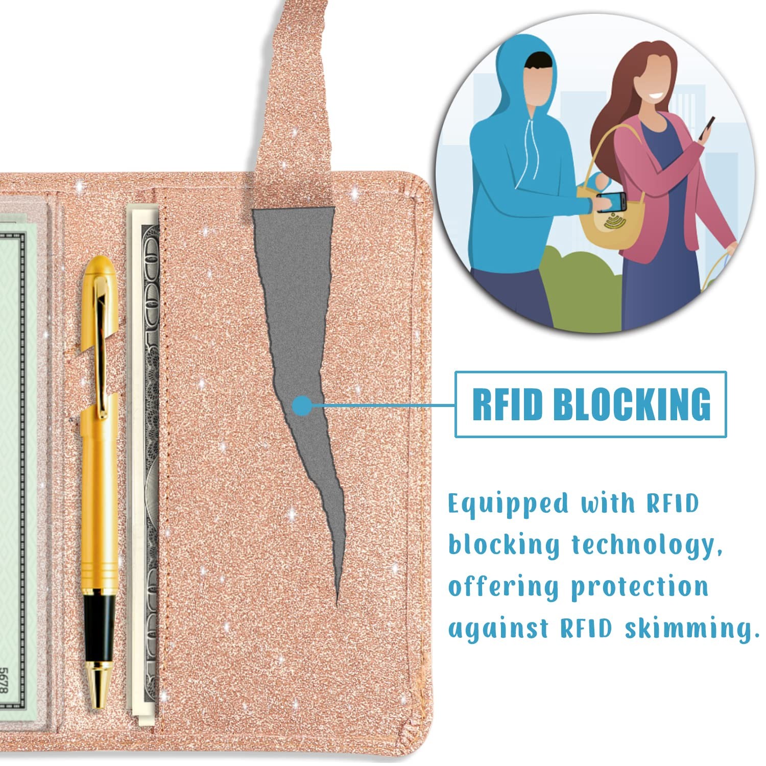 Glitter Checkbook Cover for Girl Women RFID Blocking PU Leather Standard Regi…