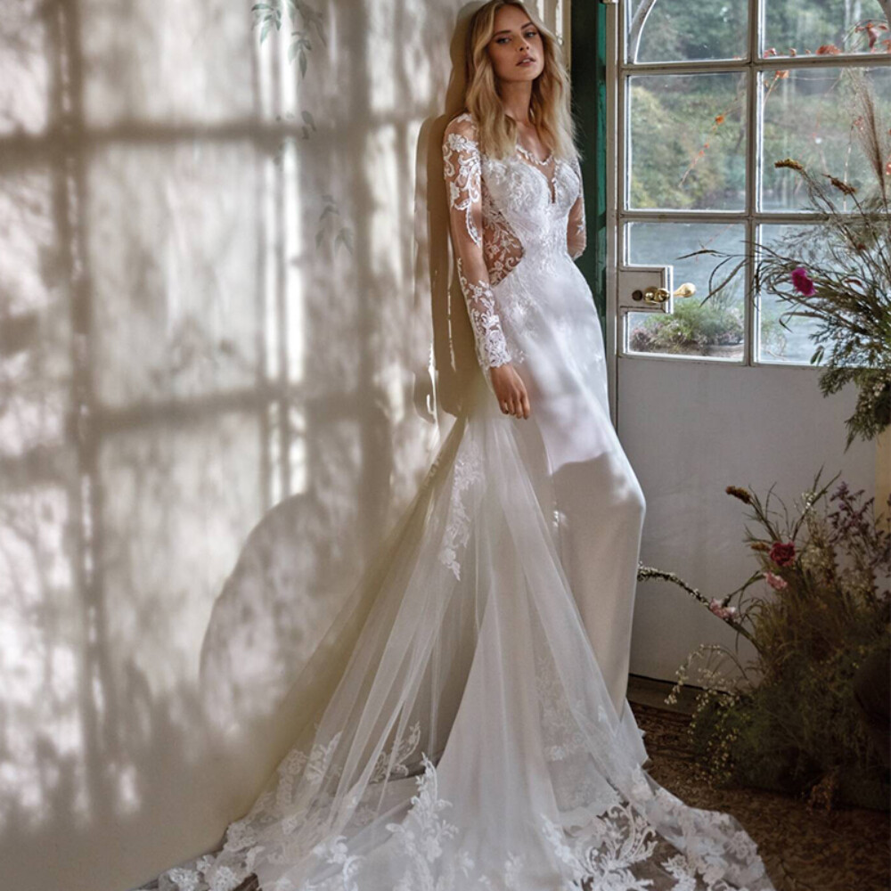 Long Sleeve Lace Illusion Neck Mermaid Wedding Dresses With Cathedral Train