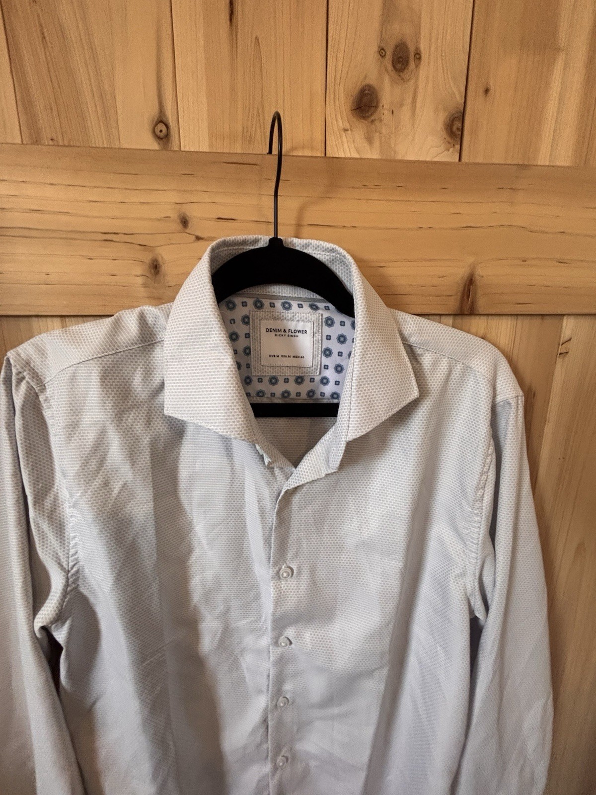 Denim & Flower Slim Fit White Geometric Dress Shirt M 32/33 Easy Care Cotton