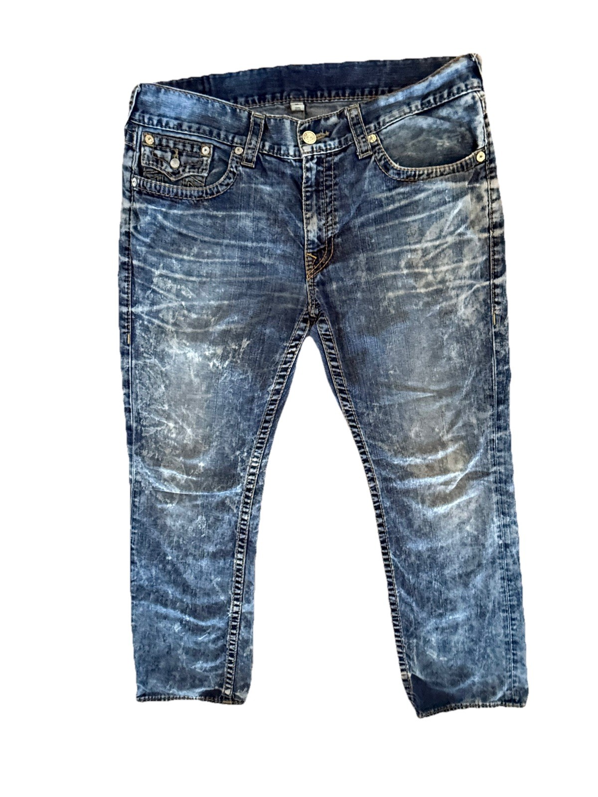 True Religion Rare Stone Wash Acid Jeans Relaxed Straight Flap Blue 38×31