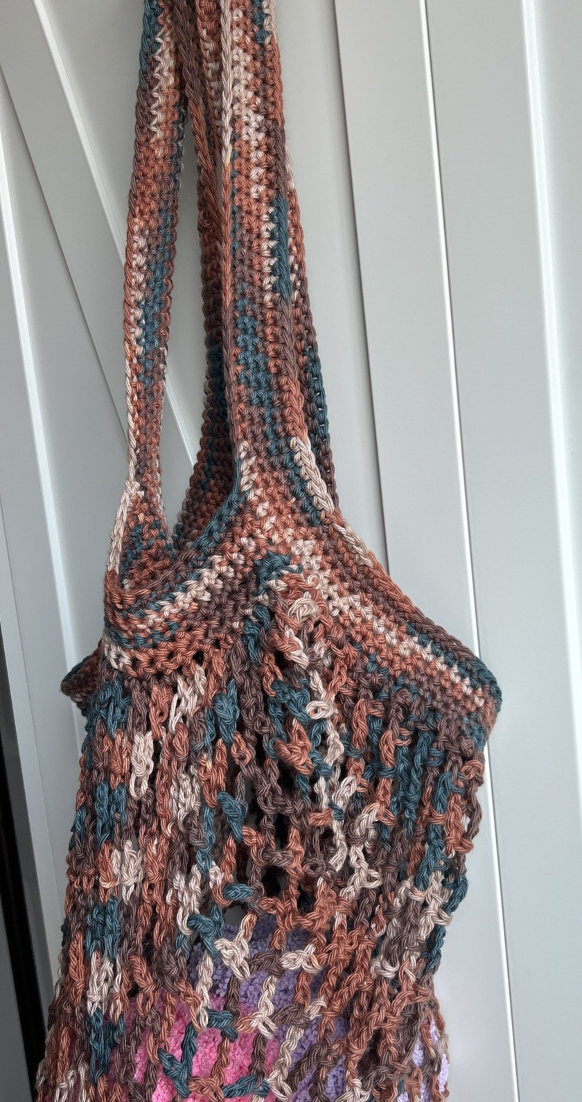 Crochet Cotton Market Bag, Brown Blue Tan, Beach Bag, Eco-Friendly Mesh Bag