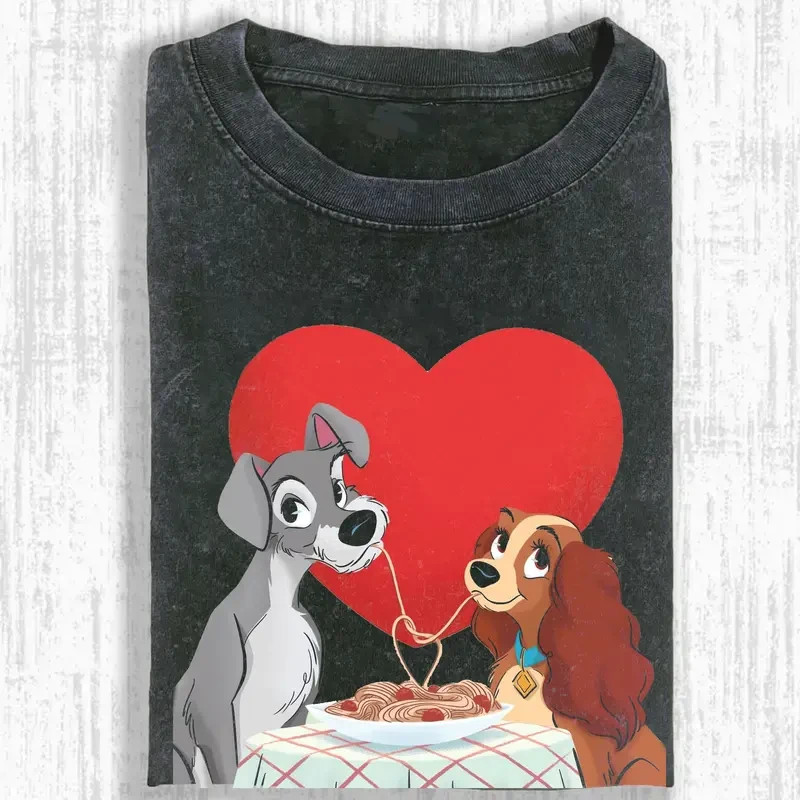 Lady and the Tramp Spaghetti Kiss Heart Graphic Vintage Acid Wash T-Shirt