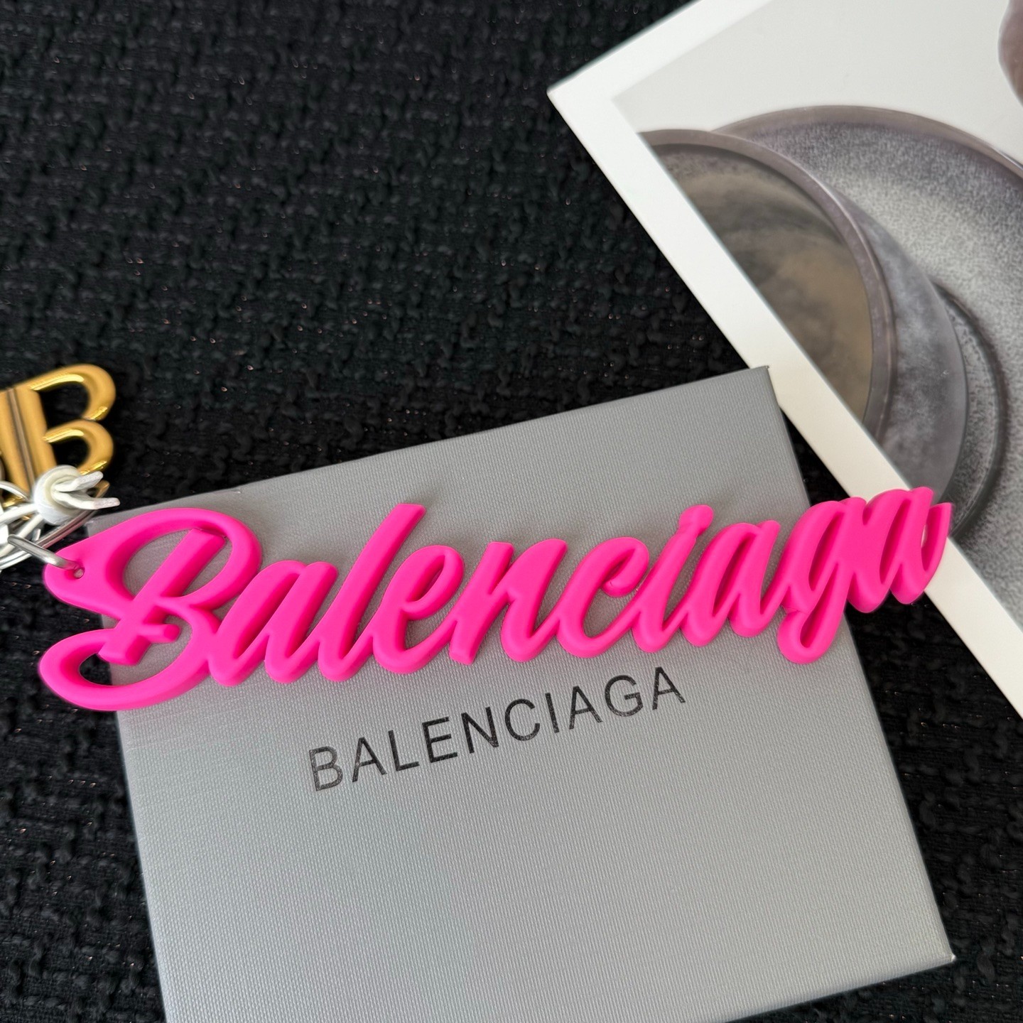 Balenciaga Multi Badge Keychain White Heart Hot Pink Script Logo Bag Charm